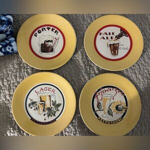 Pottery barn set of 4 Vintage Beer-Themed Yellow Plates Set